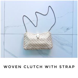 Cream clutch with strap woven chain